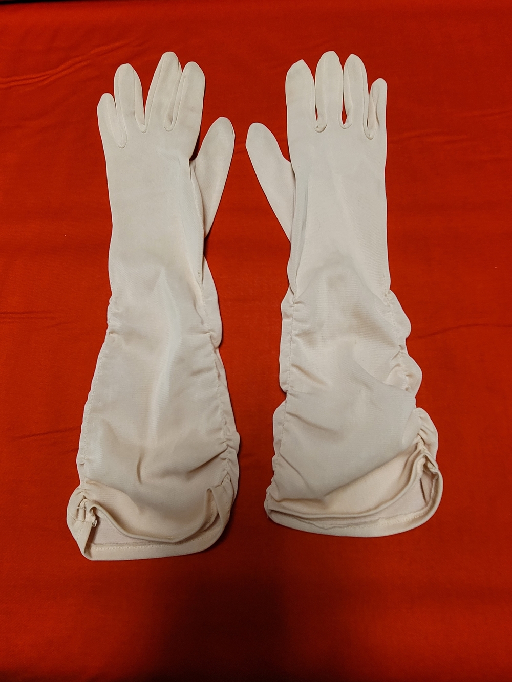 Vintage 1950s Beige Mid-length Ruched Nylon Evening Gloves (Size 6 1/2)